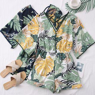 Leaf-print Strappy V-neck Playsuit