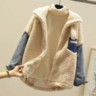 Denim Panel Faux Shearling Jacket Khaki - One Size