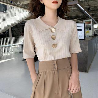 Polo-neck Short-sleeve Ribbed Knit Top