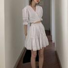 Balloon-sleeve Lace Trim Blouse / A-line Skirt