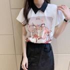 Short-sleeve Collared Graphic Print Top