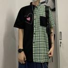 Couple Matching Short-sleeve Heart Embroidered Plaid Shirt
