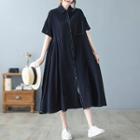 Short-sleeve Contrast Stitching Midi Shirt Dress
