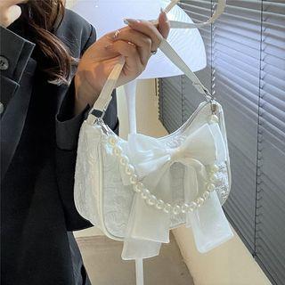Faux Pearl Ribbon Canvas Shoulder Bag