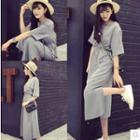 Elbow-sleeve Midi Chiffon Dress Gray - One Size