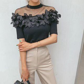 Tulle-yoke Flower-embellished Top