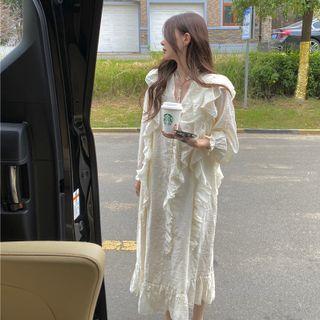 Long-sleeve V-neck Ruffled Midi A-line Dress Almond - One Size