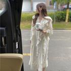 Long-sleeve V-neck Ruffled Midi A-line Dress Almond - One Size