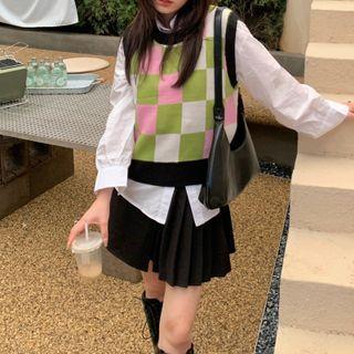 Plaid Knit Vest Plaid - One Size