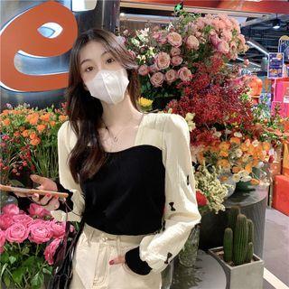 Square-neck Two-tone Panel Blouse