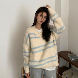 V-neck Striped Knit Sweater Almond - One Size