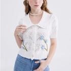 Short-sleeve Flower Embroidered Pointelle Knit Cardigan