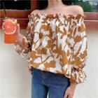 Bell Sleeve Off-shoulder Print Chiffon Top Yellow - One Size