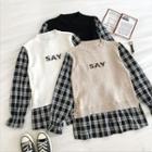 Lettering Mock Two-piece Plaid Long-sleeve Knit Top