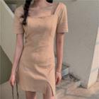 Plain Square-neck Short-sleeve Slim-fit Dress