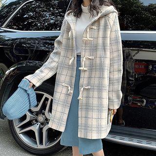 Plaid Hooded Toggle Coat Plaid - Light Blue & Beige - One Size