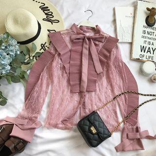 Bow Accent Long-sleeve Lace Blouse