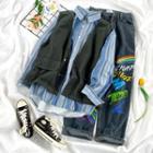 Striped Denim Shirt / Cargo Vest / Print Wide-leg Jeans