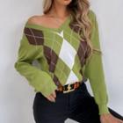 Argyle Long-sleeve V-neck Knit Sweater