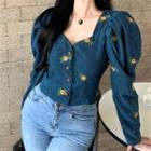 Flower Embroidered Corduroy Blouse