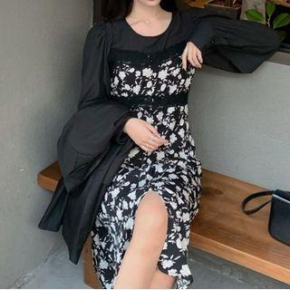 Spaghetti Strap Flower Print Midi A-line Dress / Plain Blouse