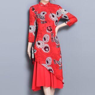 Print 3/4-sleeve Mandarin Collar Chiffon Dress