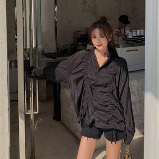 Plain Drawstring Loose-fit Long-sleeve Long Shirt