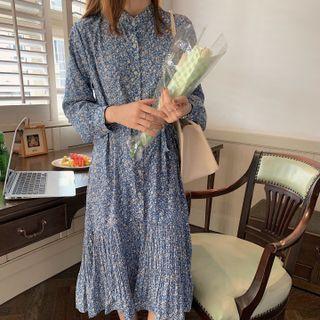 Long-sleeve Floral Tie-strap  Accordion Pleat Dress
