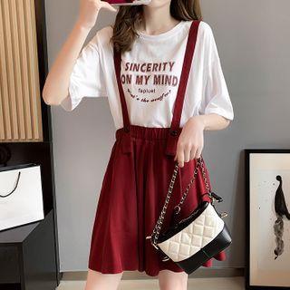 Set: Elbow-sleeve Lettering Print T-shirt + Suspender Wide-leg Shorts