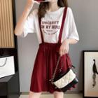Set: Elbow-sleeve Lettering Print T-shirt + Suspender Wide-leg Shorts