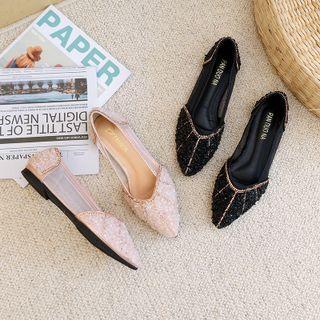 Rhinestone Pointy-toe Mesh Panel Flats