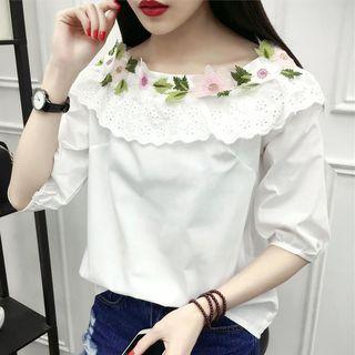 Flower Accent Elbow Sleeve Off Shoulder Top