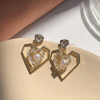 Faux Pearl Rhinestone Alloy Heart Dangle Earring 1 Pair - As Shown In Figure - One Size