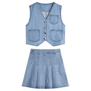 Washed Denim Vest / Pleated Mini A-line Skirt