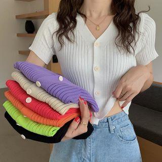 Short-sleeve Plain V-neck Knit Top