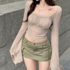 Long-sleeve Shirred Cropped T-shirt Oatmeal - One Size