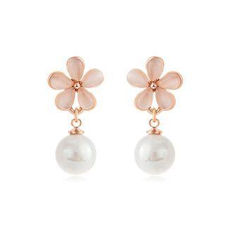 Elegant Fashion Plated Rose Gold Flower Pearl Earrings With Chrysoberyl Cat Eye Opal Rose Gold - One Size