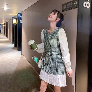 Long-sleeve Houndstooth Mini Pleated Dress