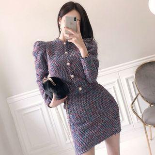 Set: Puff-sleeve Textured Cardigan + Mini Skirt
