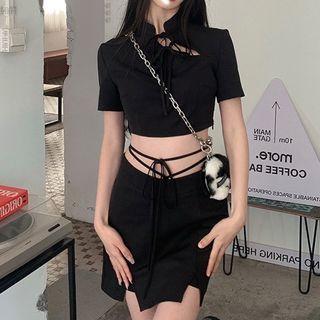 Set: Mandarin Collar Cropped T-shirt + Mini A-line Skirt