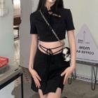 Set: Mandarin Collar Cropped T-shirt + Mini A-line Skirt
