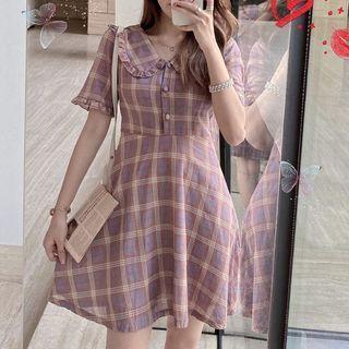 Short-sleeve Plaid Frill Trim A-line Mini Shirtdress