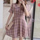 Short-sleeve Plaid Frill Trim A-line Mini Shirtdress