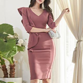 3/4-sleeve Ruffled Midi Sheath Dress