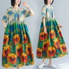 Floral Panel Short-sleeve Midi A-line Dress Sunflower - One Size