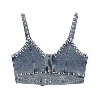Faux Pearl Rhinestone Denim Camisole Top Denim Blue - One Size