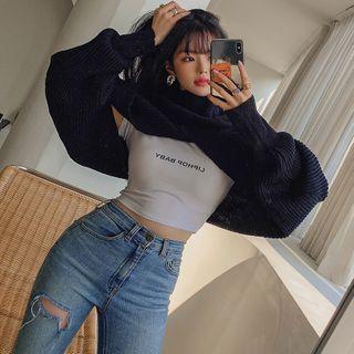 Turtle-neck Balloon-sleeve Bolero Knit Top