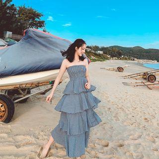 Strapless Plaid Midi Tiered Dress