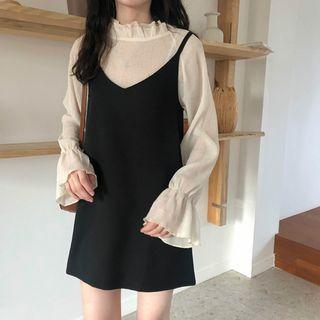 Set: Long-sleeve Frill Trim Top + Spaghetti Strap A-line Mini Dress As Shown In Figure - One Size