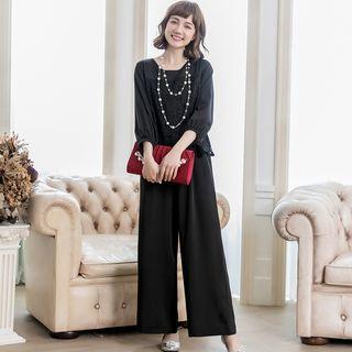 Set: 3/4-sleeve Blouse + Wide Leg Pants